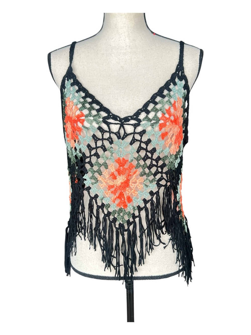 Vintage Black Crochet Fringe Camisole with Coral & Mint Floral Squares size M